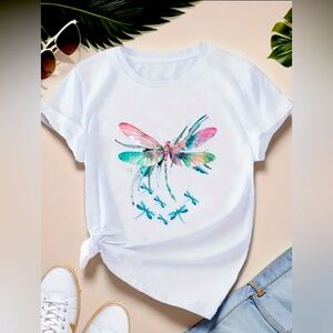 Dragonfly Graphic T-Shirt White Cotton Size XL Women’s Plus Size